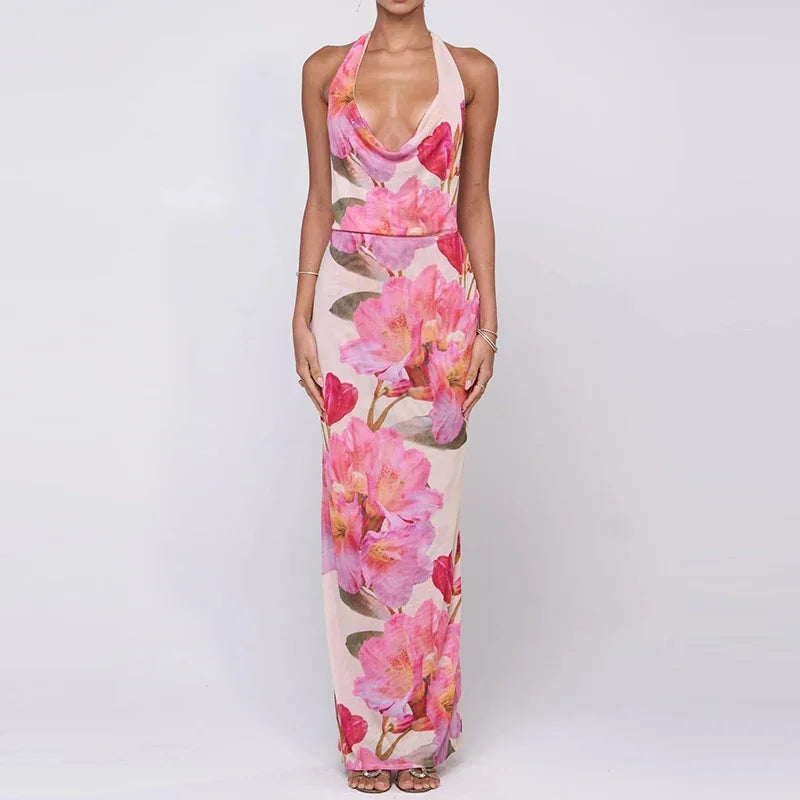 Sexy Sleeveless High Waisted Beach Dress Casual Printed Backless Long Dress 2025 New Women's Neck Hanging Hollow Slim Fit Dress