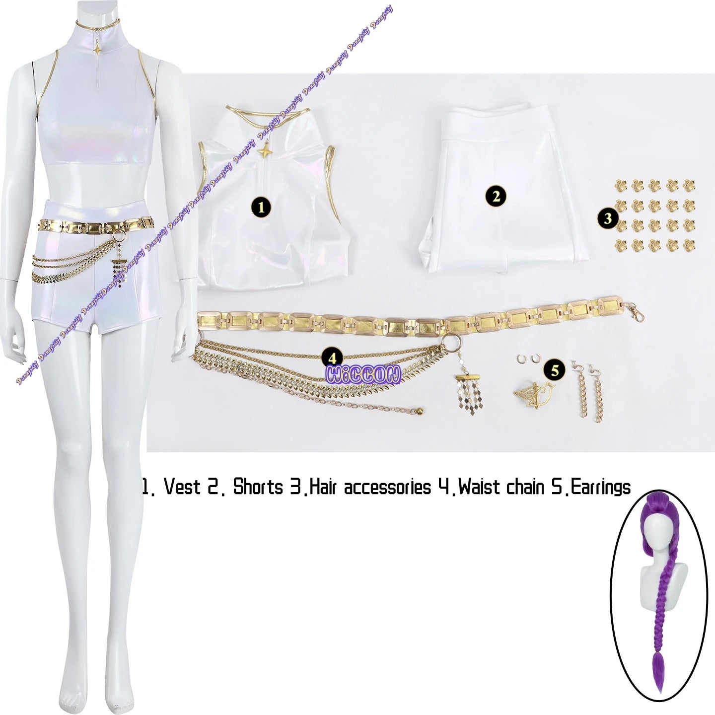 Demon Hunters Rumi Cosplay Kit - White Wig+Vest+Accessories Full Set | Huntrix Halloween Costume for Women & Teens