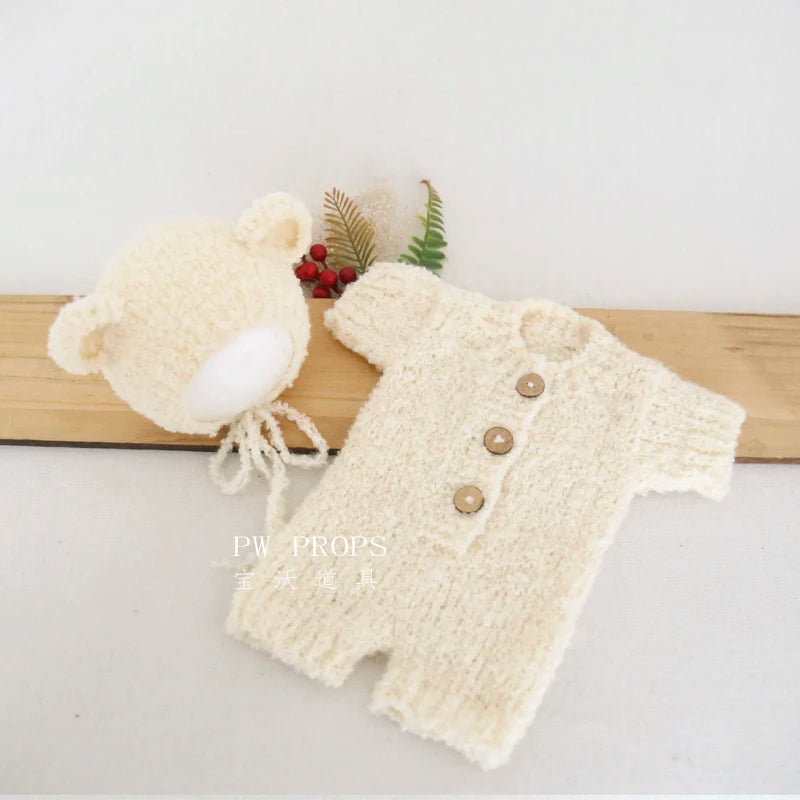 Hand Knitted Wolf Pup Footed Outfit Set Baby Boy Animal Romper Newborn Photography Prop Fuzzy Crochet Teddy Bear Overall Clothes