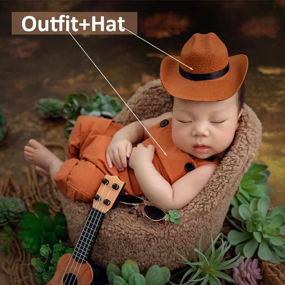 Infants Photography Props Clothes Overalls Cowboy Hats Baby Boy Photoshoot Outfit Sunglasses Guitar Studio Babies Shooting Props