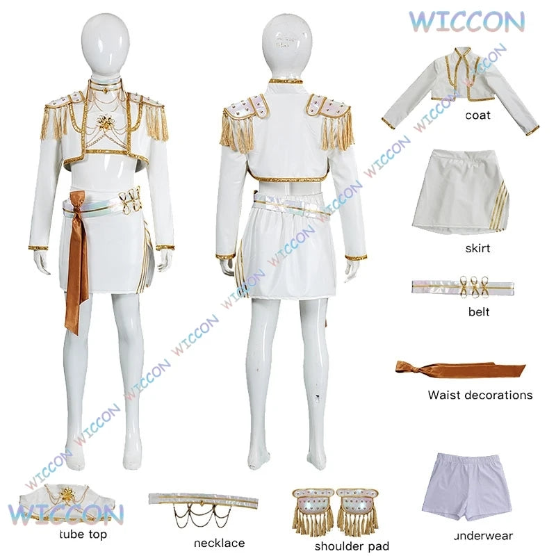 WUHU@Adults kids Suit Huntrix K-Pop Mira Cosplay Demon Hunters White Set Wig Halloween Cosplay Outfit Women Stage Uniforms Costu
