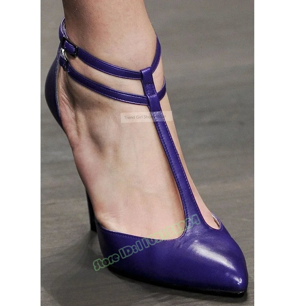 T Straps Buckles Sandals Pointy Toe Solid Leather Thin High Heels Shallow Sandals Women New Shoes Summer Party Designer Casual