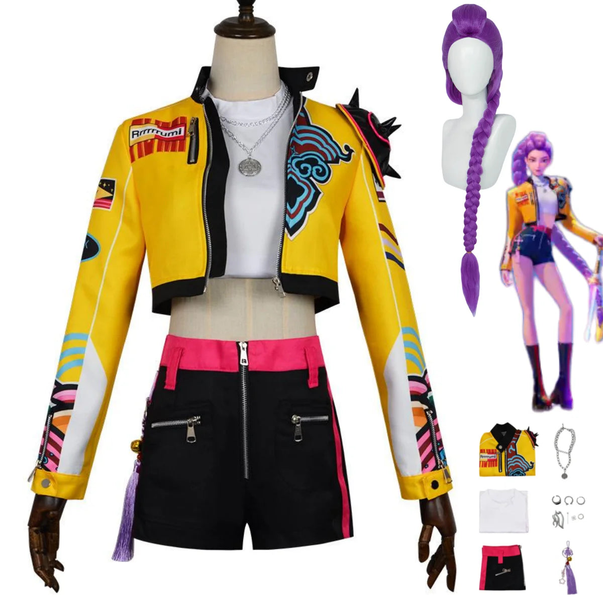 2025 New Anime Rumi Cosplay Costume Hunters Stage Clothing Yellow Coat Shorts Uniform Wig Woman Sexy Carnival Halloween Suit