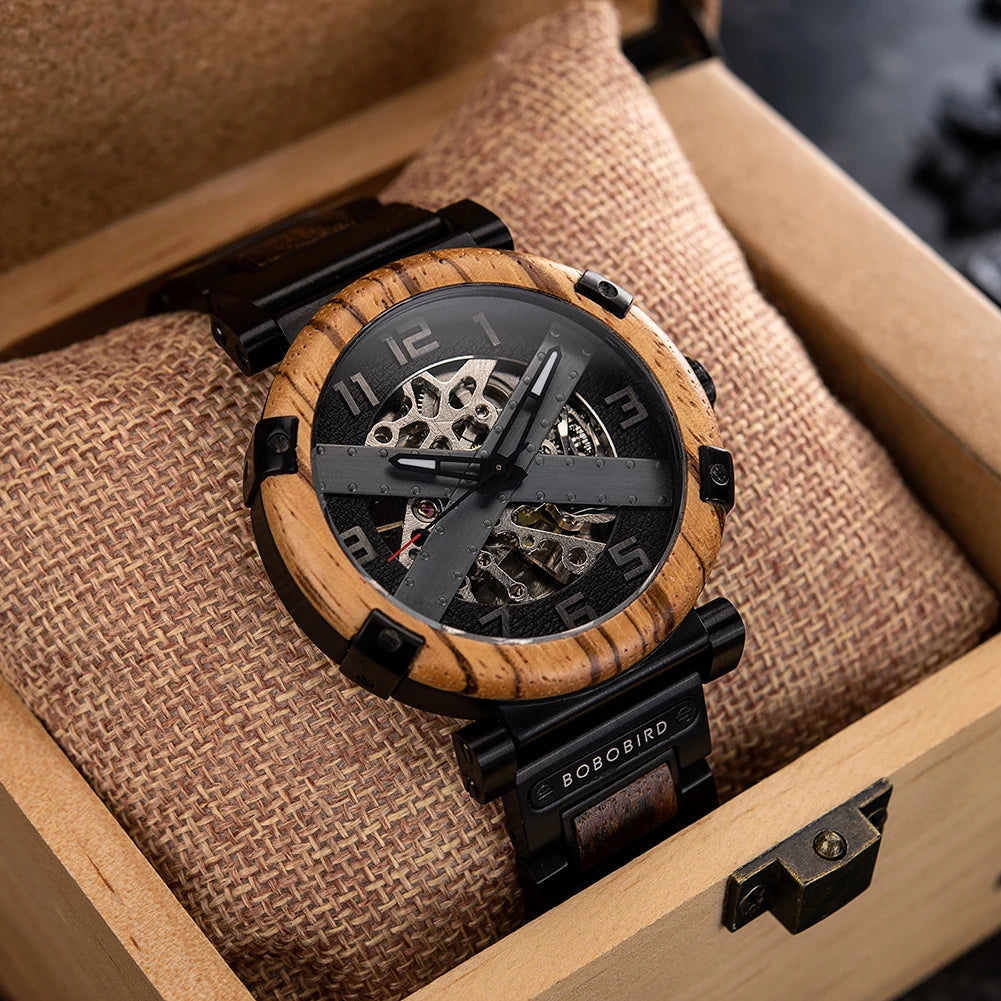 Men Watch BOBO BIRD Wooden Automatic Mechanical Watch Metal Wristwatch Top Fashion Business Clock Custom Gift Box reloj hombre