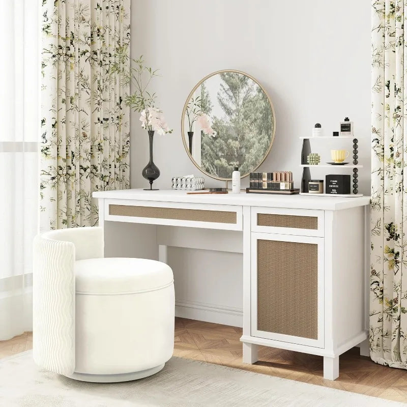 360° Swivel Accent Chair with Storage, Vanity Stool Back,Velvet Storage Ottoman,Upholstered Round Barrel Vanity Chair(Off White)