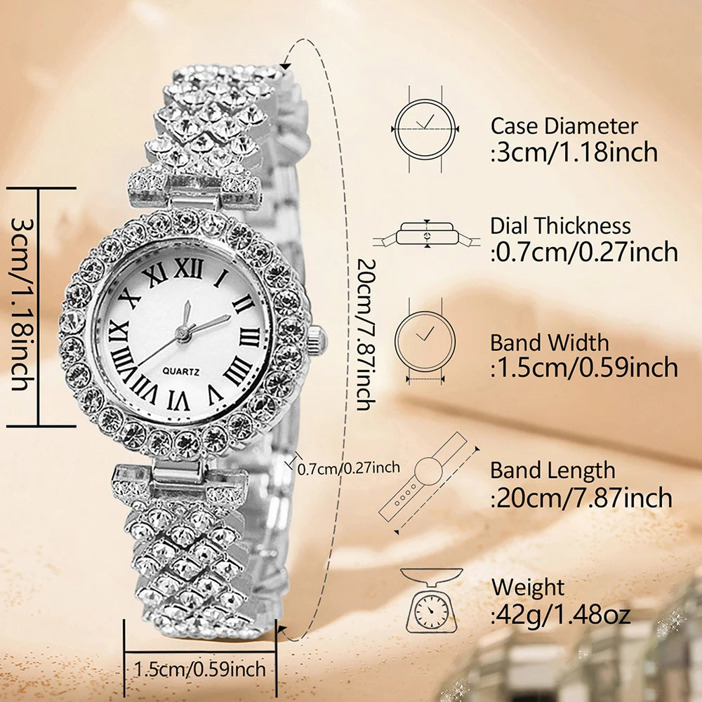 6PCS/SET Luxury Trendy Fashion Roman Digital Scale Quartz Watch Bracelet Necklace Earrings Set Perfect Gift for Friends or Moms