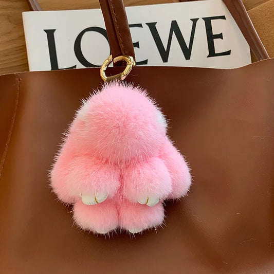 Mink Bunny Keychain Pompon Keyring Bunny For Women Bag Charms Car Key Chain Cute Rabbit Key Ring On Bag Car Trinket Pendant Gift