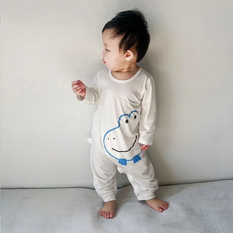 Boys and Girls' Pajamas Thin Air-conditioned Clothes Cartoon Animal Print One Piece Thin Long-sleeved Baby Spring and Autumn