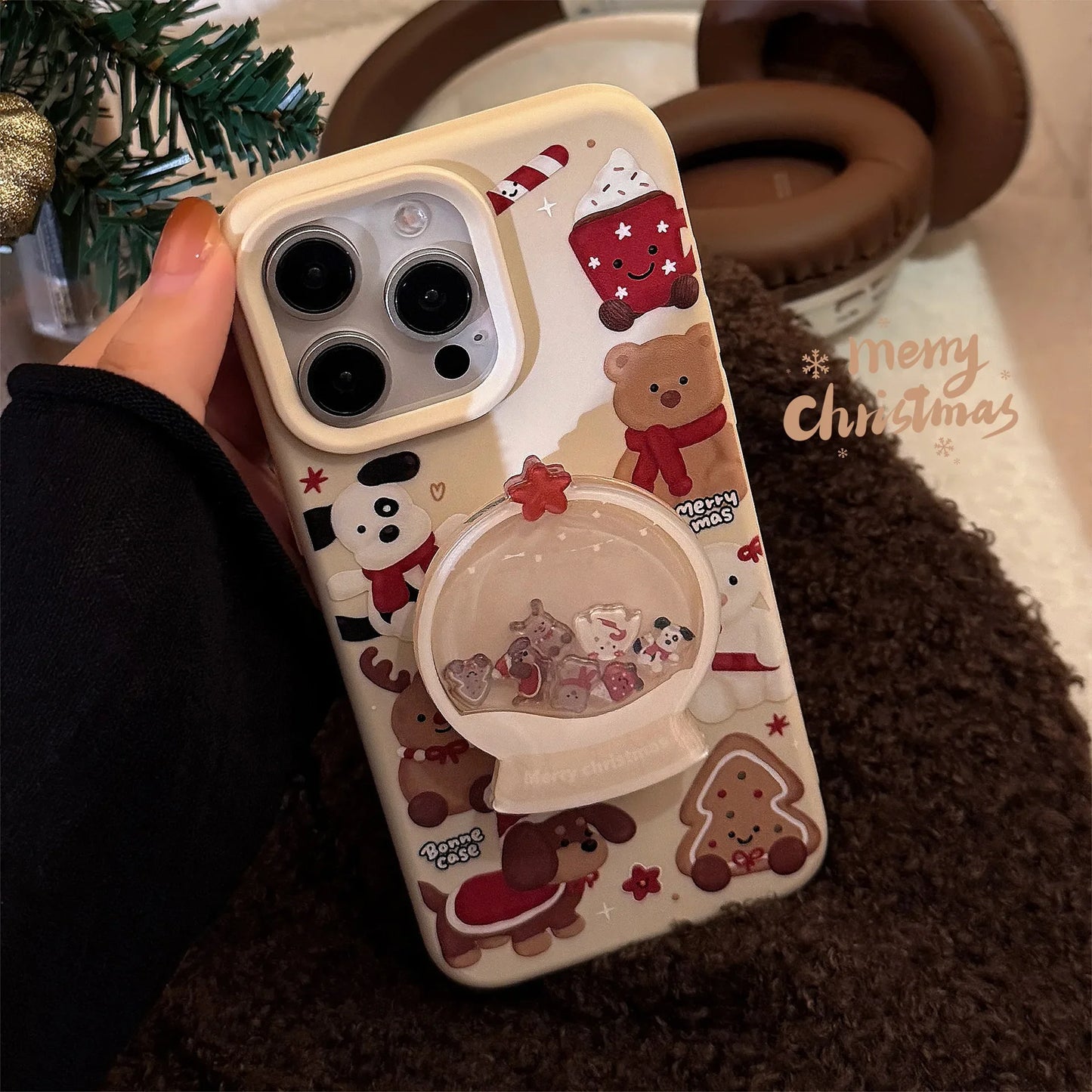 ins Cute Cartoon Doll Christmas Quicksand Shake Bracket Phone Case For iPhone 16 14 13 12 15 Pro Max Pendant Shockproof Cover
