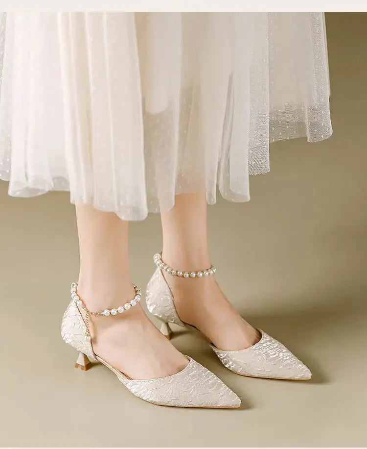 Women High Heel Pumps Size 34-42 Pearls Strap High Heels Lace Women White Wedding Shoes Stiletto Heel Point Toe Bride Bridesmaid