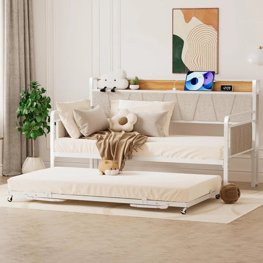 Twin Daybed with Trundle, Modern Twin Size Sofa Day Bed, Sturdy Metal Bed Frame with Upholstered Headboard for Living Room, Bedr