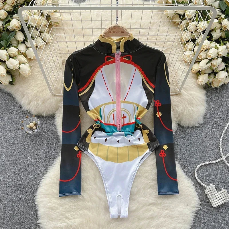 CosplayFermeture éclair mince à manches longues Bodycon érotique imprimé body femmes col montant Corset combishorts Lingerie bar