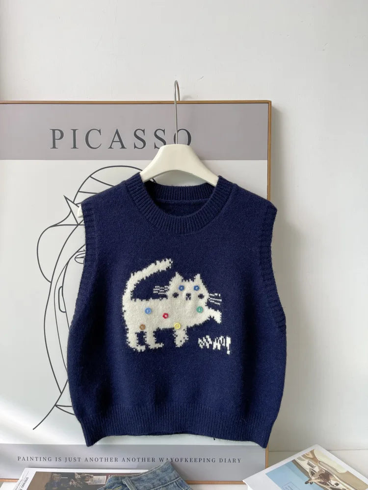 Korean Cute Cat Knitted Sweater Vest For Women 2025 New Colorful Buttons Round Neck Knitwear Loose Casual Versatile Pullovers