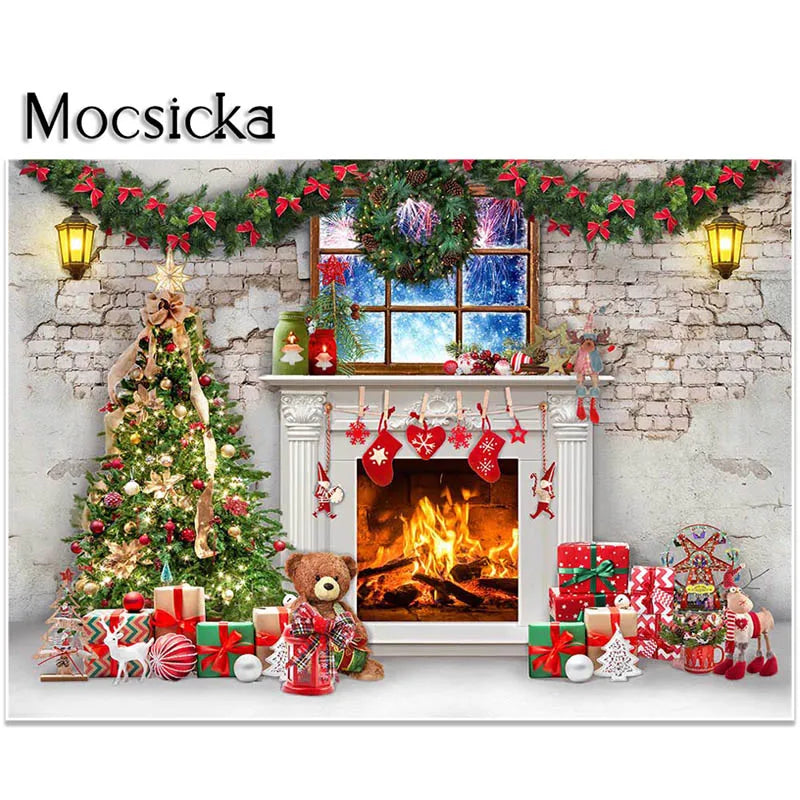 Mocsicka Photography Background for Portrait Brick Wall Fireplace Indoor Christmas Gifts Backdrop Photo Studio Decorations Props