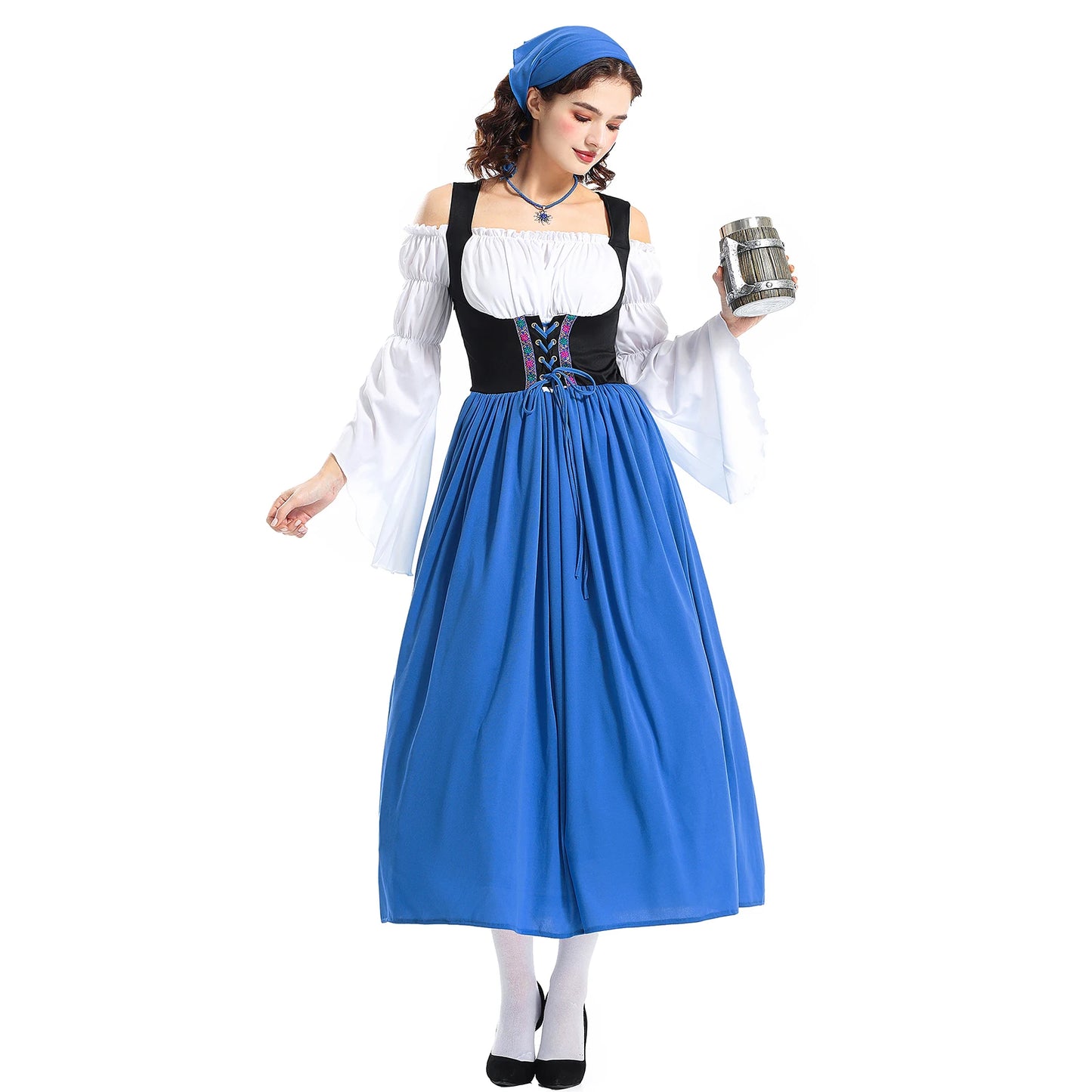 Vintage Halloween Women Maid Outfit Long Sleeve Cold Shoulder Patchwork Long Dress with Hair Scarf Cosplay Costume