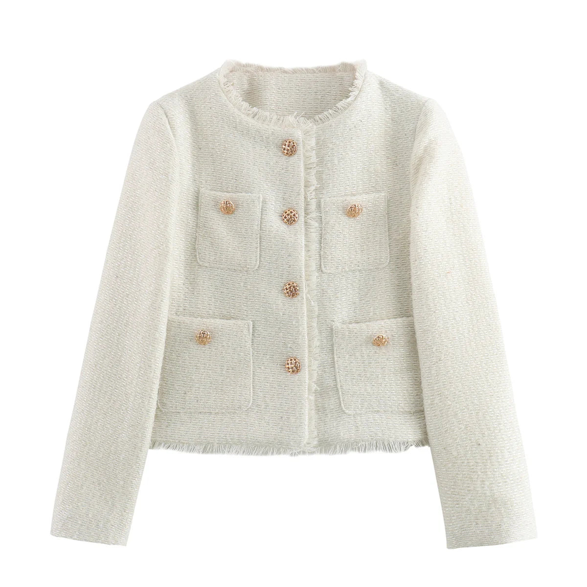 Women Elegant Tweed Cropped Jacket Autumn Button Frayed Long Sleeve Jackets 2024 Female Fashion O-neck Pocket Short Coats