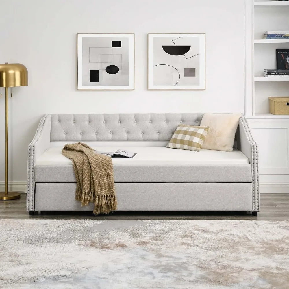 Antetek Daybed with Trundle, Modern Velvet Upholstered Twin Size Day Bed Button-Tufted Sofa Daybed Frame and A Trundle, No Box S