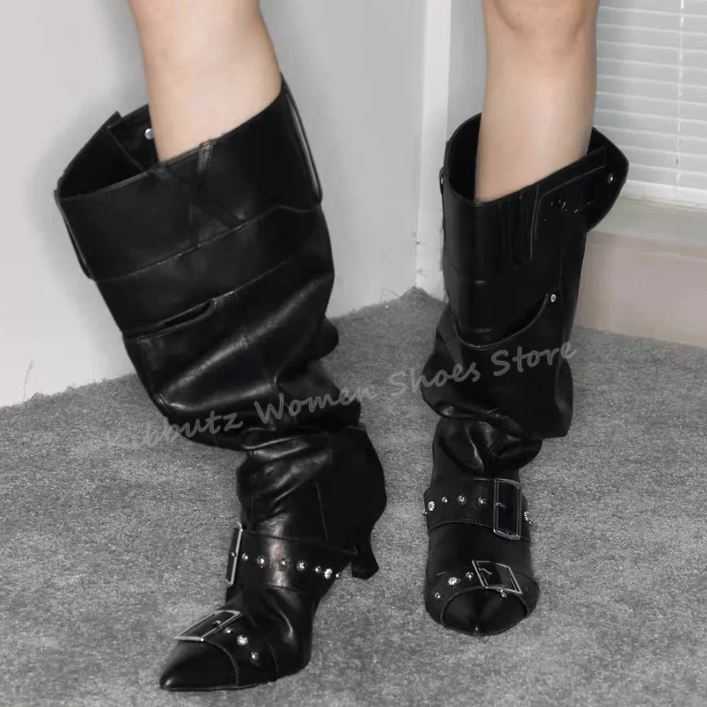 Pant Calf Rider Boots Rubbed Stacked Vintage Elegant Concise Sexy Wide Mouth Genuine Leather Slip-On Belt Buckle Women Shoes New