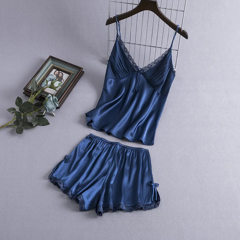 Elegant Champagne Strap Top&shorts Women Sexy Lace Trim Pajamas Suit Satin Nightwear Big Size 3Xl Home Clothes 2Pcs Lingerie