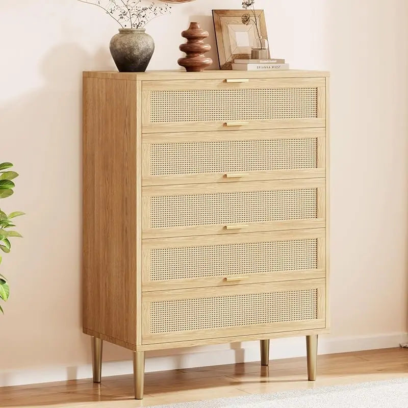Rattan 5 Drawer Dresser, 44'' Tall Narrow Chest of Drawer, Farmhouse Wooden Vertical Dresser with Metal Legs and Hand