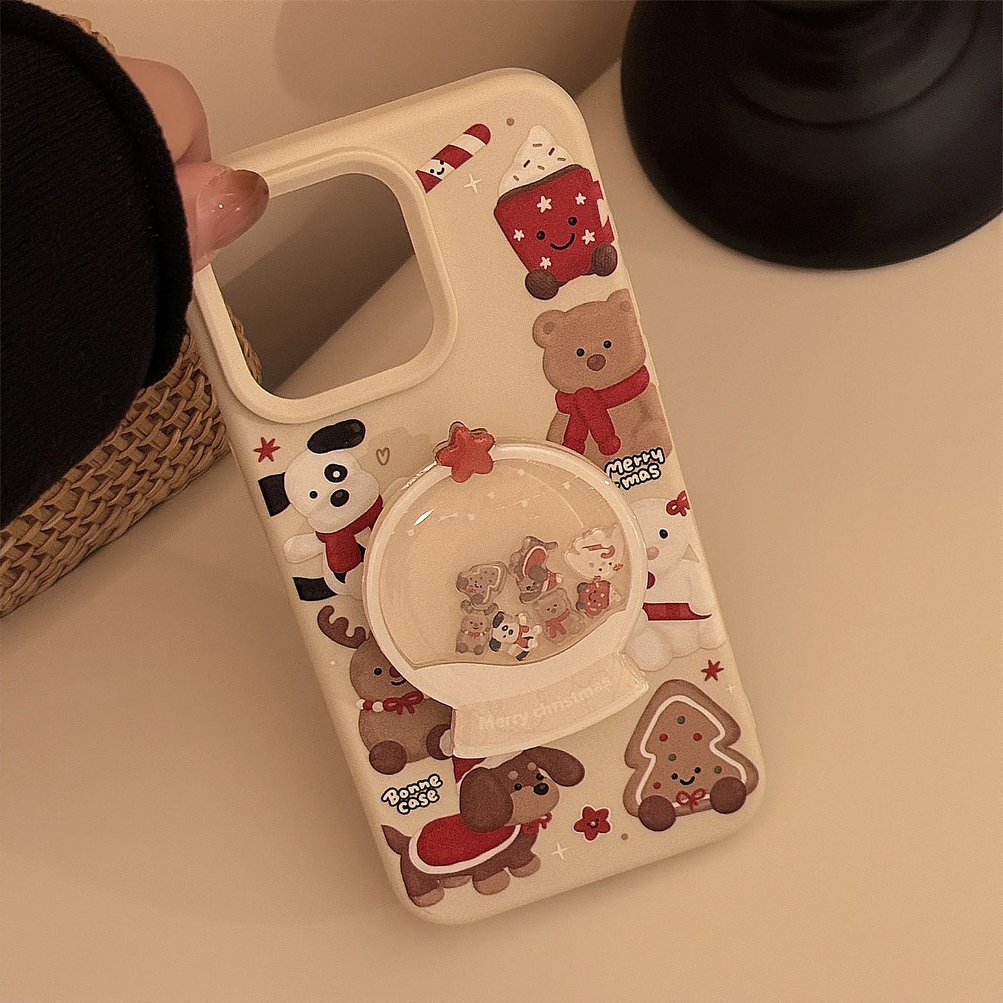 ins Cute Cartoon Doll Christmas Quicksand Shake Bracket Phone Case For iPhone 16 14 13 12 15 Pro Max Pendant Shockproof Cover