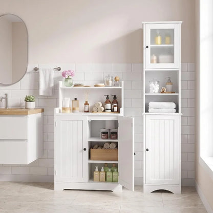 Bathroom storage cabinet combo: white MDF material, moisture-resistant finish, space-saving design for small bathrooms