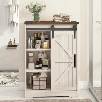 Farmhouse bathroom storage cabinet with 4 drawers and sliding door, white MDF, rustic style for bathroom kitchen living room