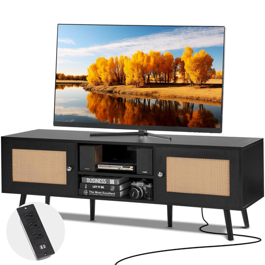 Rattan TV Stand For 65 Inch TV, Boho TV Stand With Rattan Door,