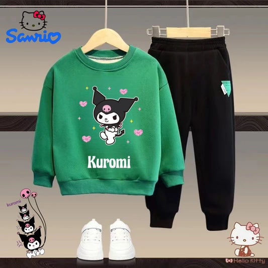 Sanrio Autumn Baby Clothes Set Kid Girls Kuromi Printed Cute Sweatshirts Pullover Top & Green Pants 2pcs Children Fashion Outfit