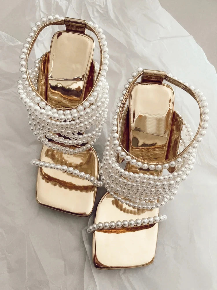 Golden Heels Pearl Chain Heeled Sandals Women Luxury Designer Shoes Summer Thin High Heel Pull On Slip On Shoe Mule Sandals New