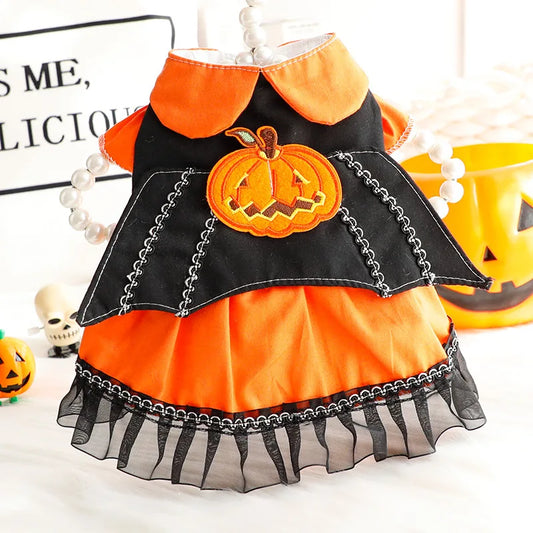 Autumn New Puppy Cats Clothing Orange Pumpkin Halloween Princess Dress For Small Medium Dog Poodle Pet Clothes Party Dress Coat