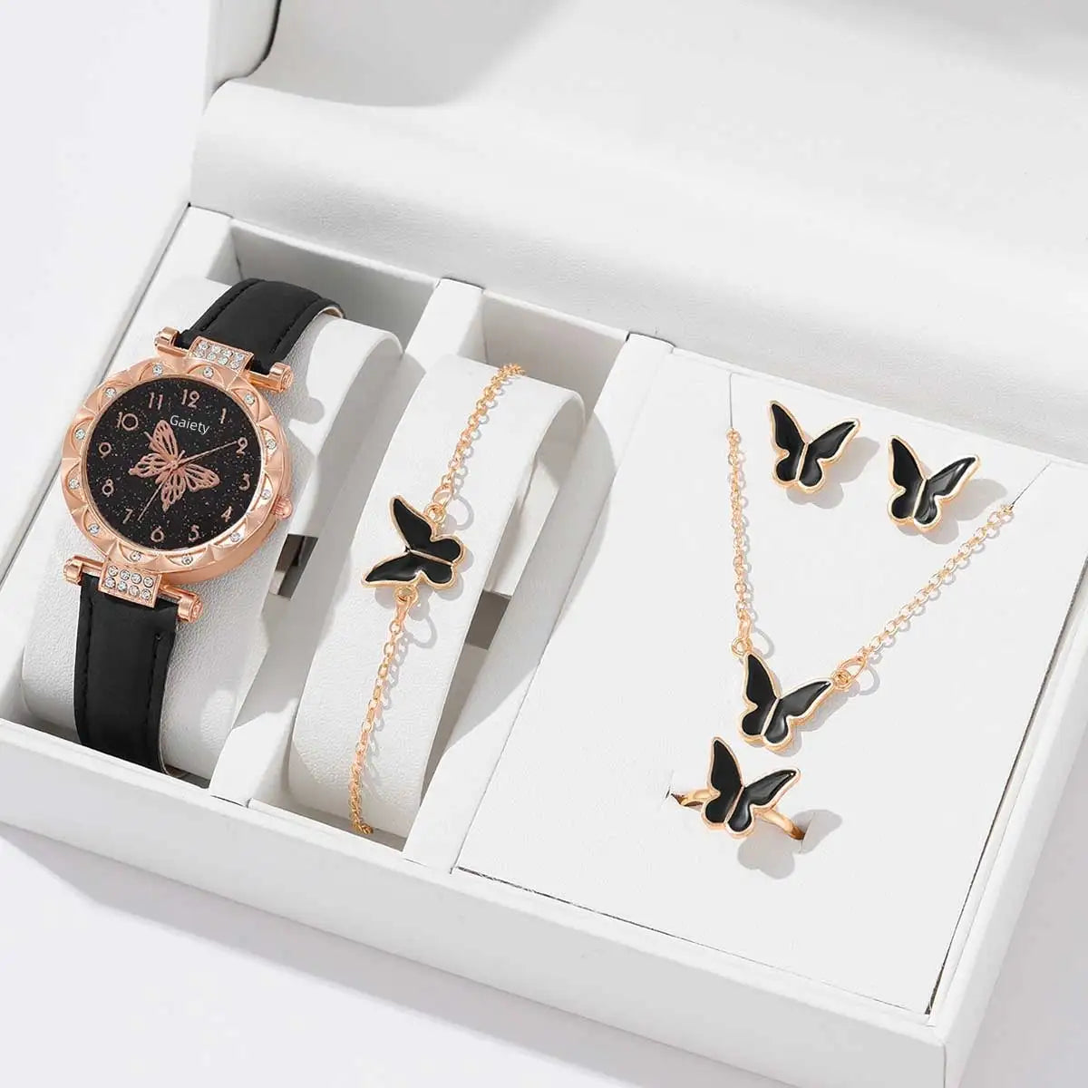 6PCS Women's Watch Set Trendy Versatile Butterfly Elements Quartz Watch Bracelet Necklace Earrings Ring Set Perfect Gift for Her