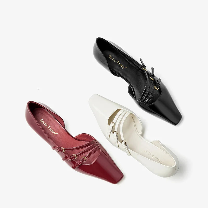 BEAUTODAY Pumps Women Patent Leather Pointed Toe Buckle Straps Shallow Mary Janes Summer Ladies Party Shoes Handmade 30096