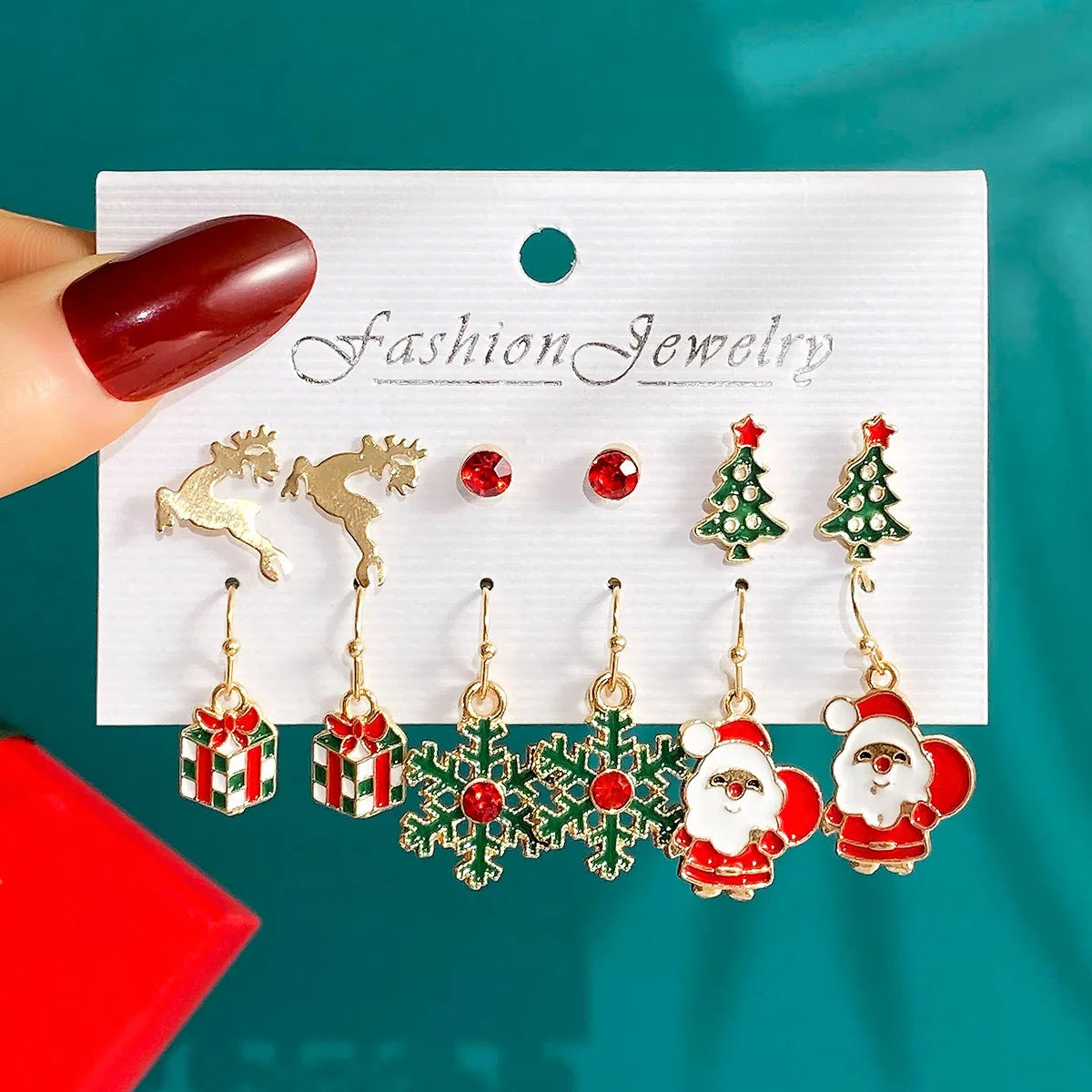 6 Pairs New Christmas Set Cross border Hot Selling Cartoon Dripping Oil Elk Santa Claus Christmas Tree Earrings for Women