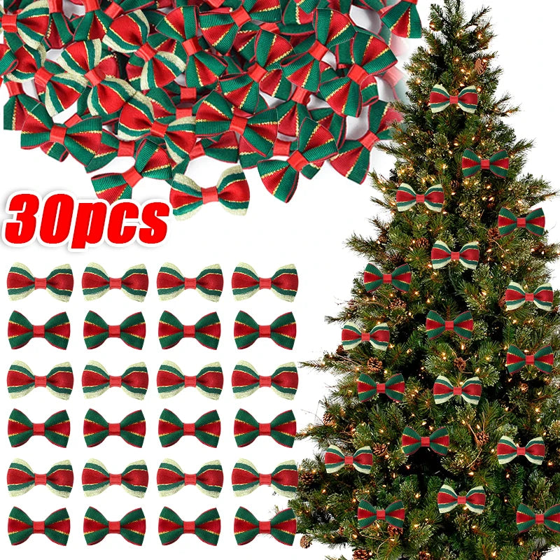 30Pcs Christmas Mini Bow Knot Xmas Tree Ornaments DIY Wreath Craft Girls Hair Accessories 2025 New Year Gift Wrapping Decoration