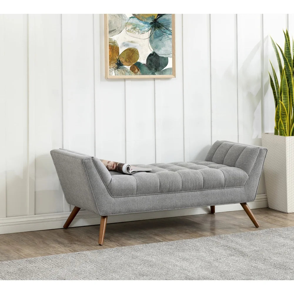 Contemporary Tufted Linen Bench Indoor Seating Durable Wood Frame Biscuit Tufted Light Grey Upholstered Seat Assembly Required