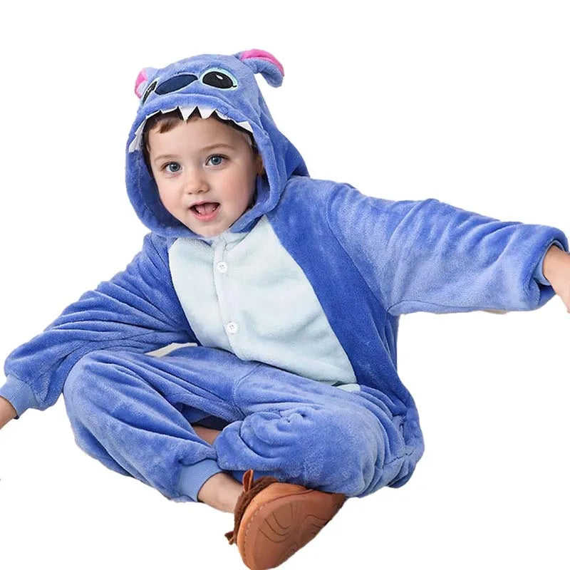 Stitch Jumpsuit Pajamas Set Kids Cartoon Cute Flannel Hooded Sleepwear Shoes Winter Warm Costume Boy Girl Pyjamas Christmas Gift