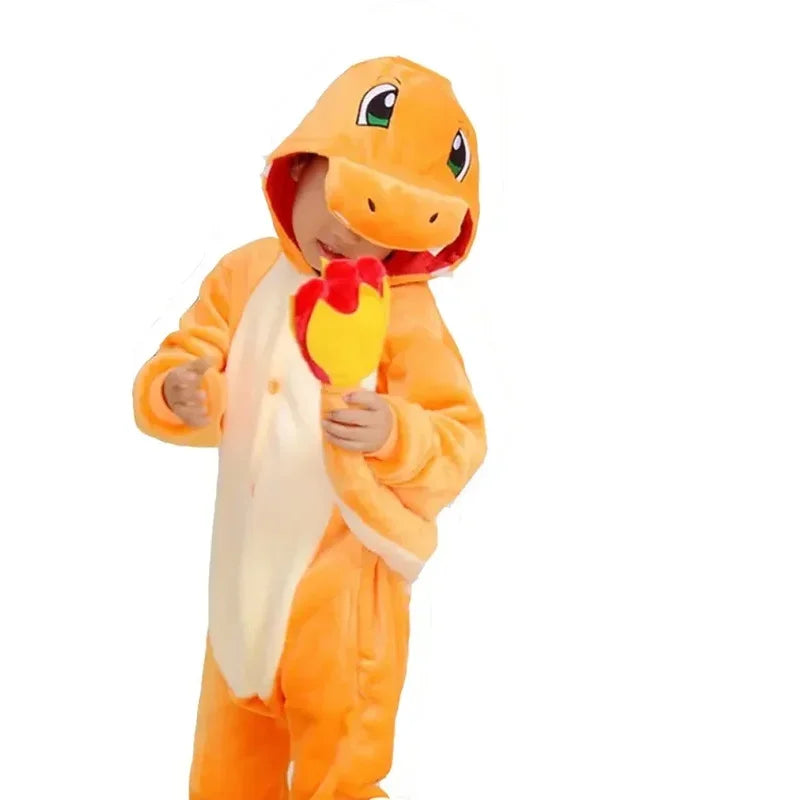 TAKARA TOMY Charmander Dragon Kigurumi Kids Flannel Zipper Cosplay Costume Halloween Children Dragon Christmas Gift Sleepwear
