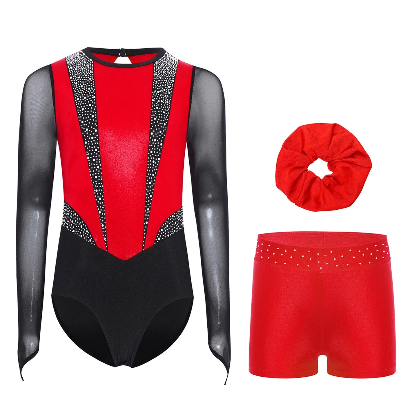 Kids Girls Ballet Gymnastics Sets Sports Tracksuit Figure Skating Dancewear Long Sleeves Rhinestones Leotard with Shorts Suit