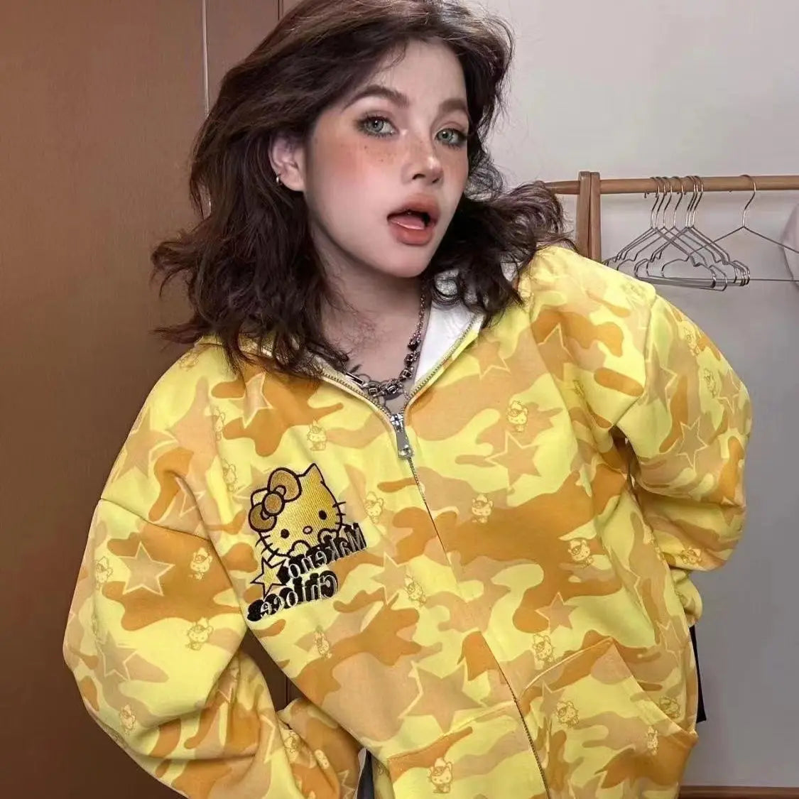 Miniso Cartoon Hello Kitty Hooded Zipper Sweater Kawaii Y2K Couple Cardigan Pure Cotton Camouflage Jacket Trendy Christmas Gift