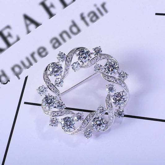 Fashion Silver Rhinestone Round Wreath Brooches For Women Clothing Coat Jewelry Accessries Gift