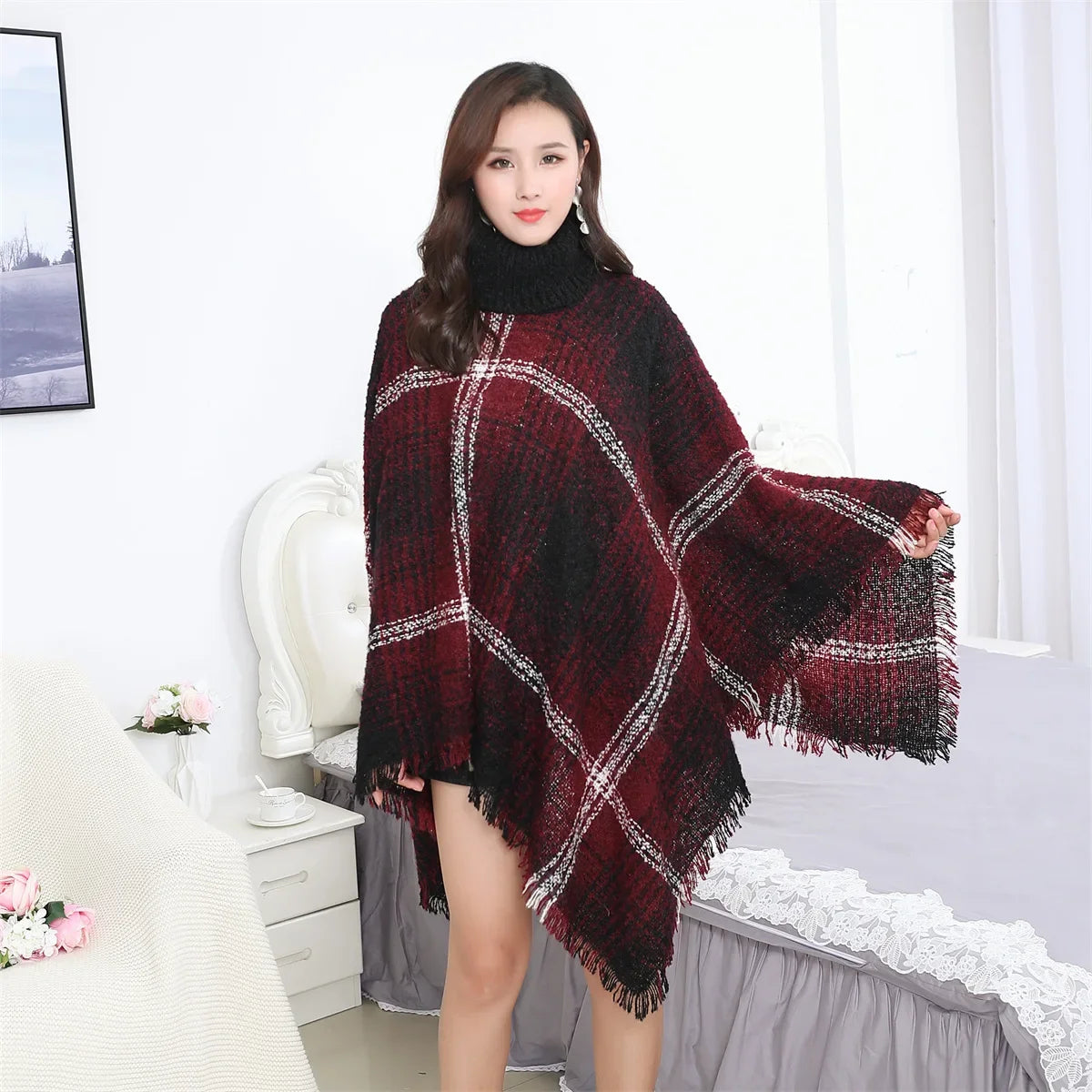 New Women Autumn Winter Striped Knitted Poncho Shawl Sweater Overcoat Streetwear Thick Warm High Neck Loose Knitwear Long Coat