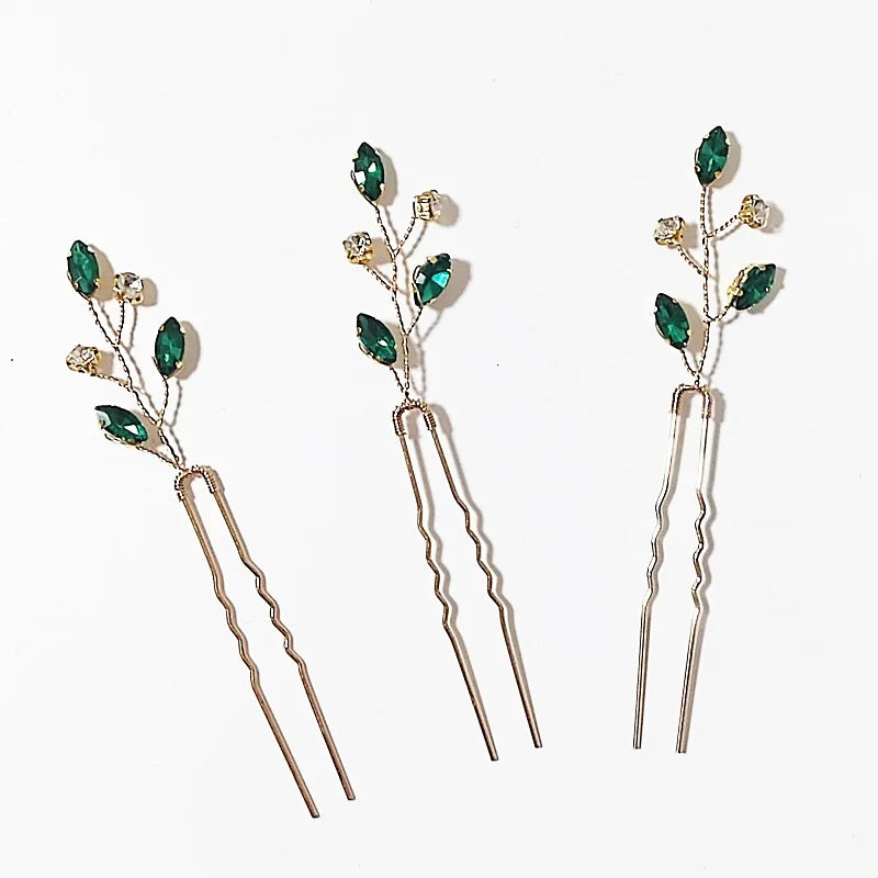 Green Color Rhinestone Hair Combs Bridal Hair Jewelry Leaf Hairpins Pearls Hairpins Bride Wedding Headdress Headband