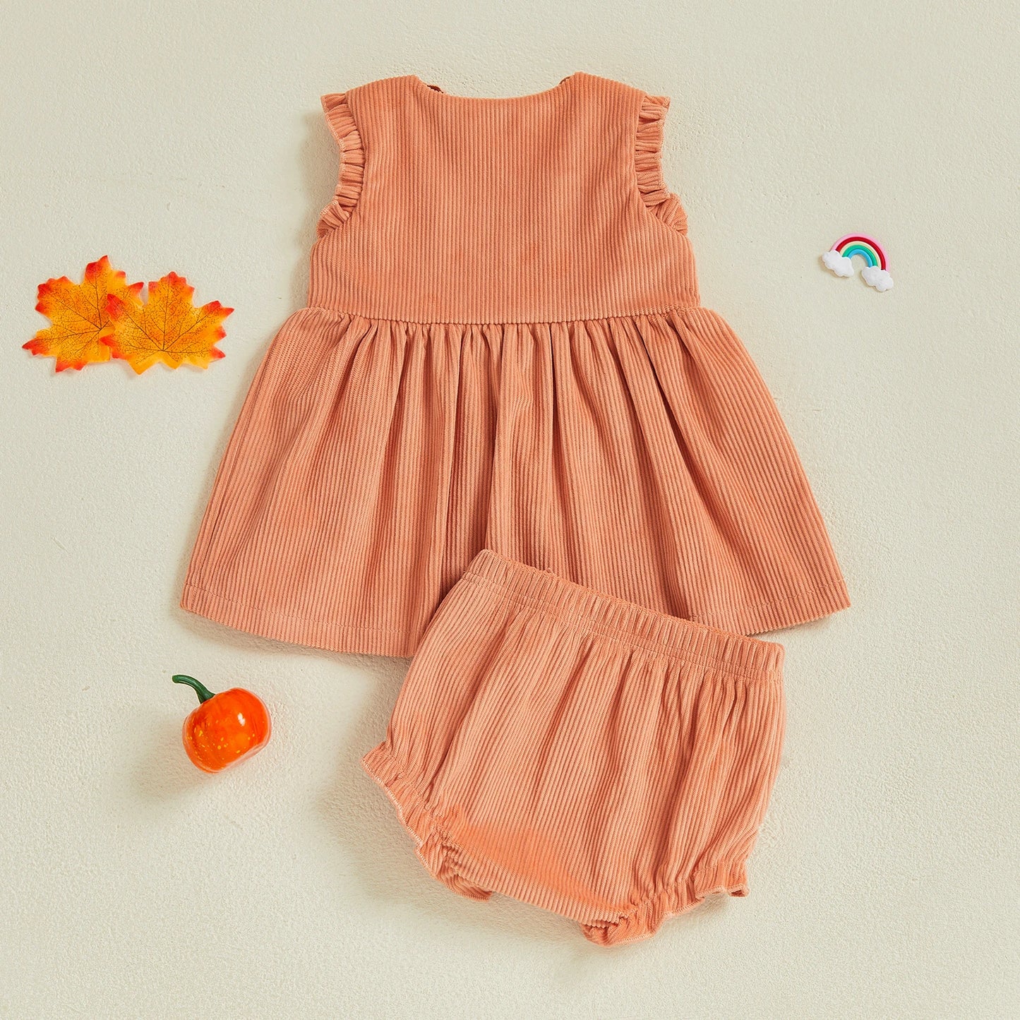 0-24M Toddler Baby Girl Halloween Outfit Pumpkin Letter Sleeveless Babydoll Tops Bow Elastic Waist Ruffle Shorts 2 Piece Set
