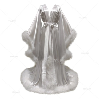 Customized Bathrobe for Women Flare Sleeves Feather Bridal Robe Nightgown Silk Long Wedding Scarf Dress Gown Photography Dress