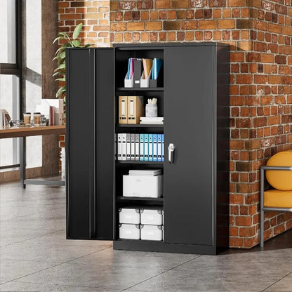 Office, home, garage, school storage cabinet; metal; black; 72 H x 36 W x 18 D with 2 doors and 4 adjustable shelves