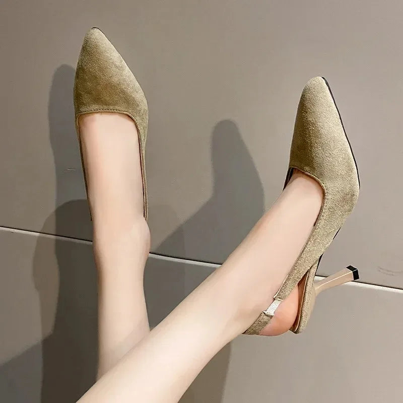 French Style Women's High Heels 2025 Summer New Elegant Faux Suede Leather Pointed Sexy Party Sandals Single Shoes Plus Size 43