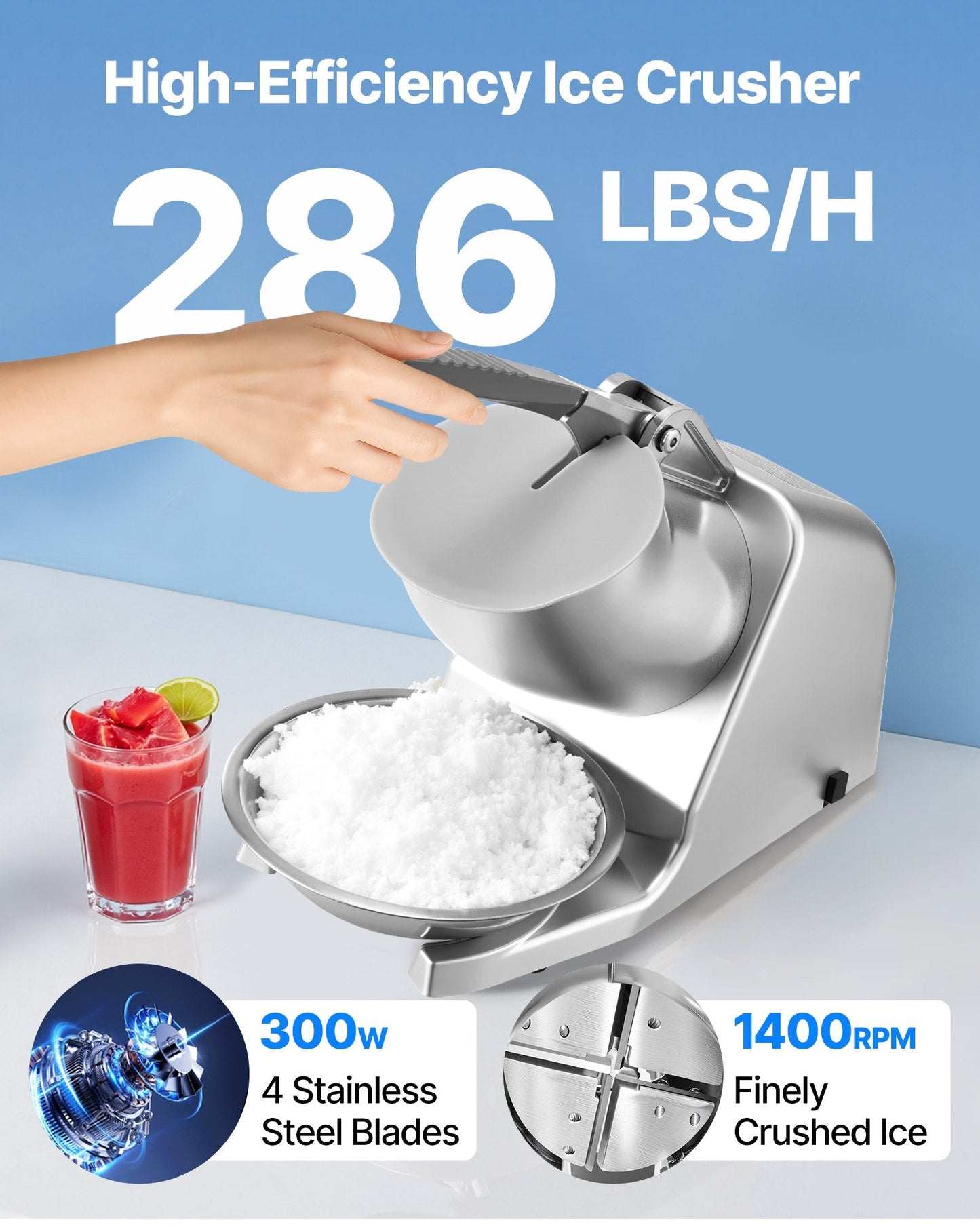Commercial Ice Crusher 286LBS/H Electric Snow Cone Maker Shaved Ice