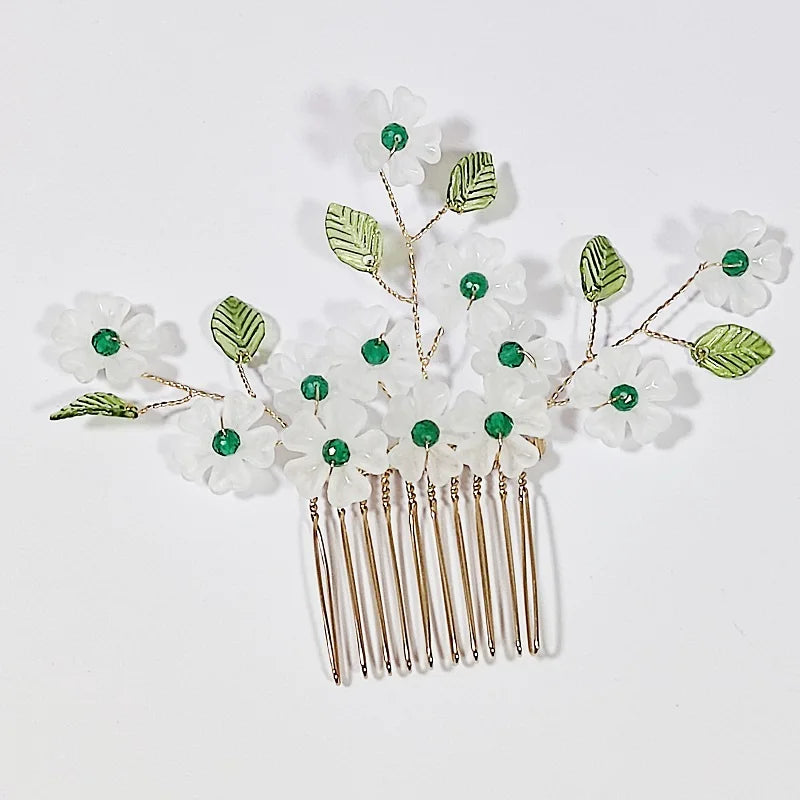 Green Color Rhinestone Hair Combs Bridal Hair Jewelry Leaf Hairpins Pearls Hairpins Bride Wedding Headdress Headband