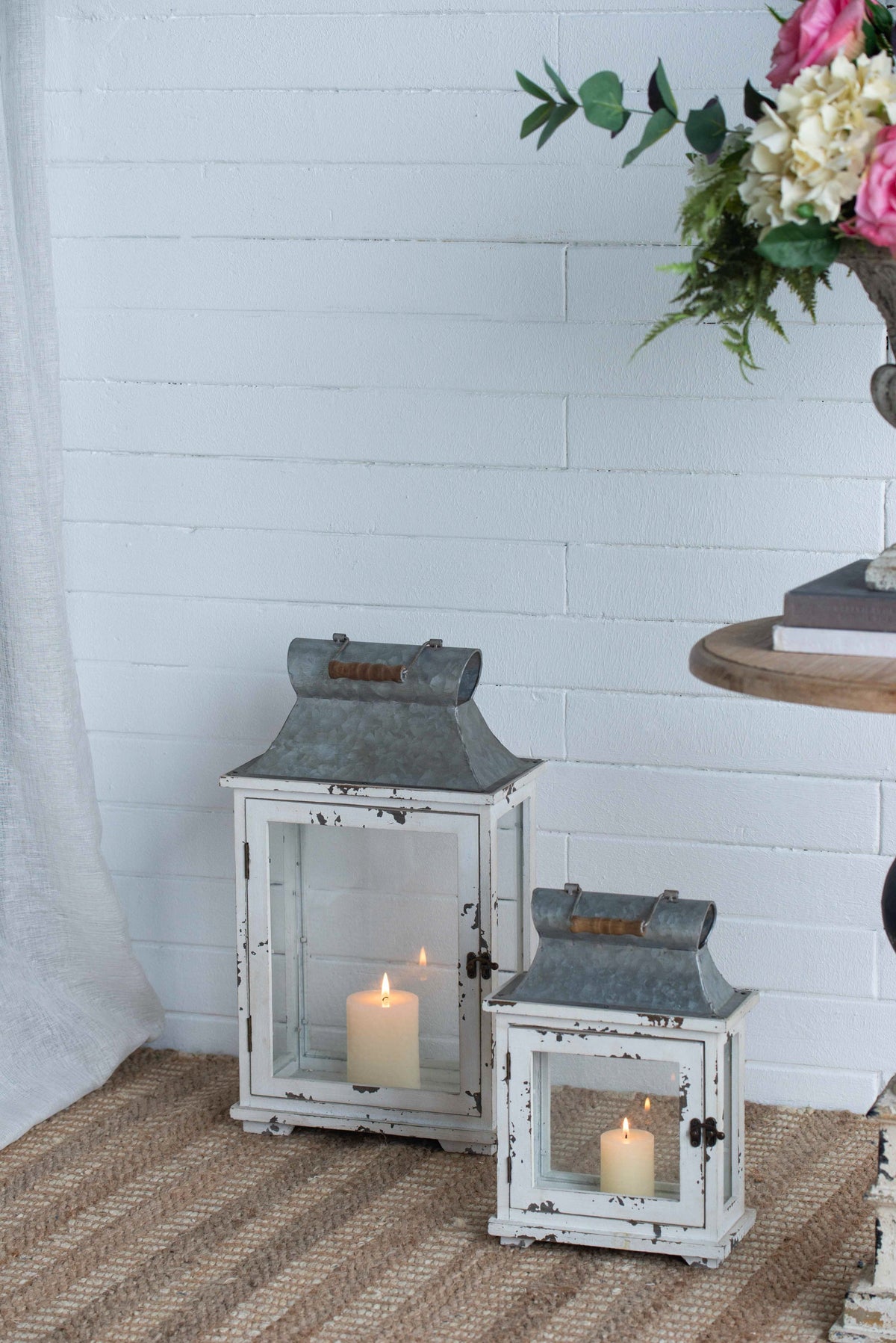 Set of 2 White Wood & Metal Hurricane Candle Lanterns